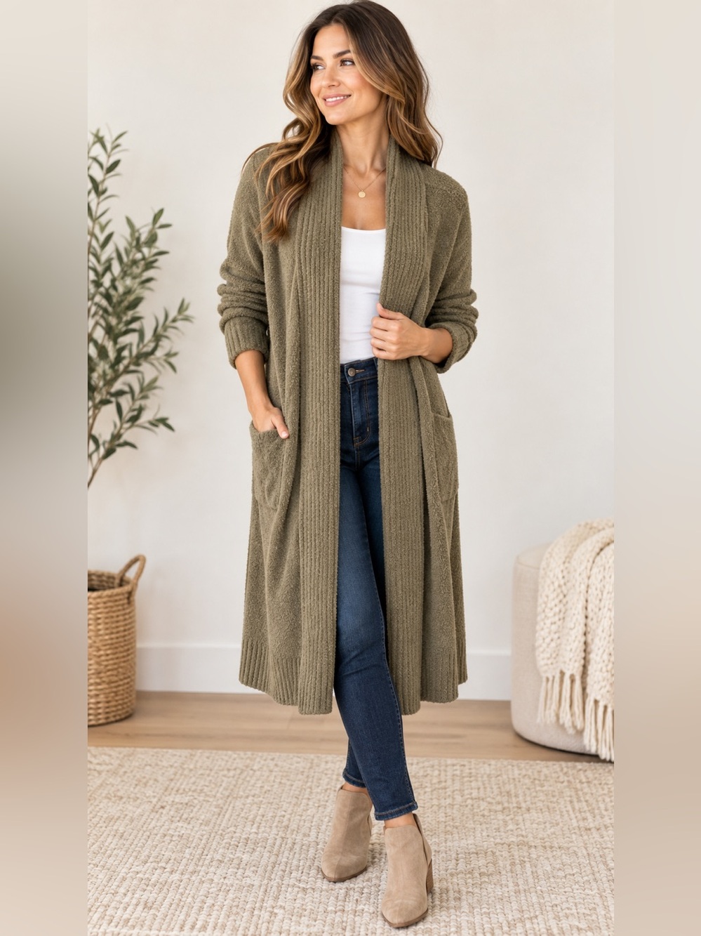 Barefoot Dreams CozyChic Lite Catalina Long Cardigan XL Olive Green